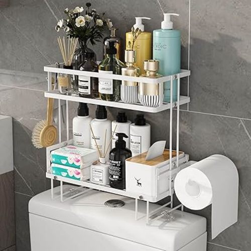 Godboat Bathroom Organizer - Over The Toilet Storage Cabinet, 2-Tier Floating Shelves, Wall Shelf with 2 Hooks & Paper Rack, Cool Accessories & Decor, Gifts for Women, Mothers Day (White)