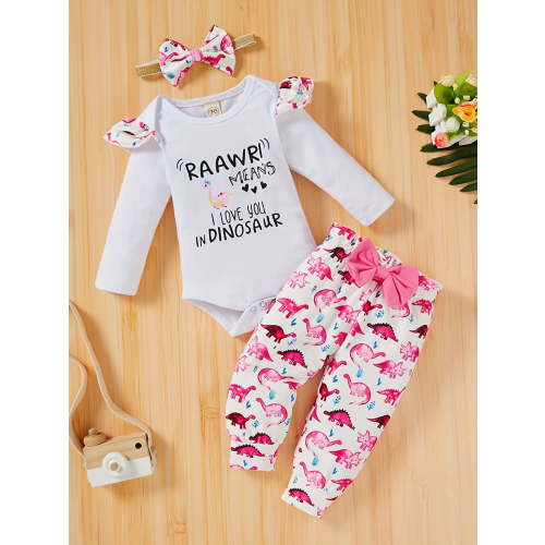 Zehjuhan Newborn Baby Girl Clothes Infant Long Sleeve ruffle Romper Top Dinosaur Print Pants 3pcs fall winter Outfits