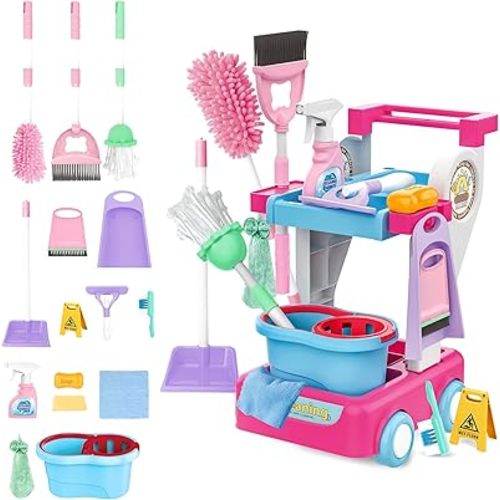 deAO Kids Cleaning Set,Detachable Housekeeping Cart with Broom & Mop