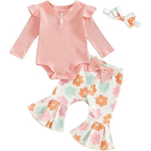 fhutpw Newborn Baby Girl Clothes Rib Frill Romper Daisy Flared Pants Set