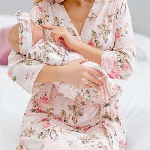 Galabloomer Maternity Robe and Baby Receiving Blanket, Matching Mommy Labor Delivery Robe and Swaddle Set Floral