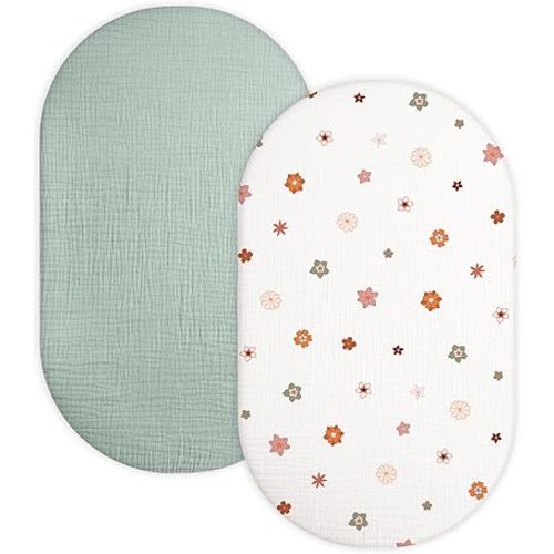 Bassinet Sheet for Baby Boy and Girl 2 Pack, Fitted Sheets for Rectangle, Oval, Hourglass Bassinet Mattress, Muslin Moses Basket Sheets with Neutral Style (Sage & Flower-B)