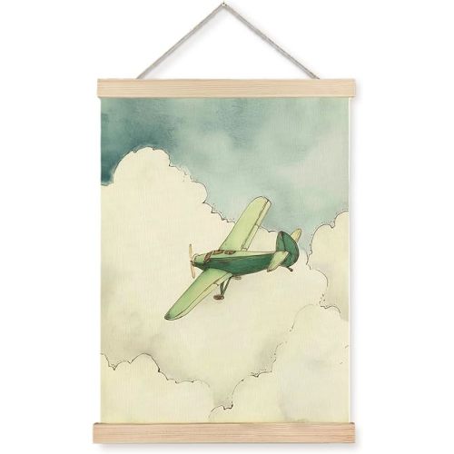 Nipil Vintage Airplane Nursery Poster Hanger Frame, Watercolor Cloudy Sky Scenery Airplane Aviation Hanging Canvas Framed Wall Art for toddler baby Boys Room Nursery Playroom Decor, 12x16 Inch