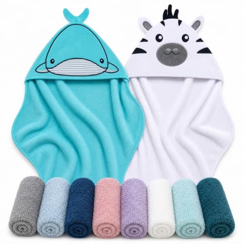 Cute Castle 2 Pack Hooded Baby Towel Rayon Made from Bamboo with 8 Washcloths - Soft Bath Towel for Bathtub for Babie, Newborn, Infant, Natural Baby Stuff Towel (Zebra and Whale)
