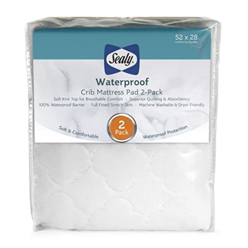 Sealy 2-PACK Waterproof Fitted Toddler and Baby Crib Mattress Pad Cover Protector - 52" x 28" - White