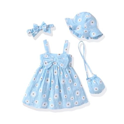 Toddler Girl Summer Dress Infant Baby Girl Casual Clothes Sleeveless Bowknot Beach Sundress with Hat
