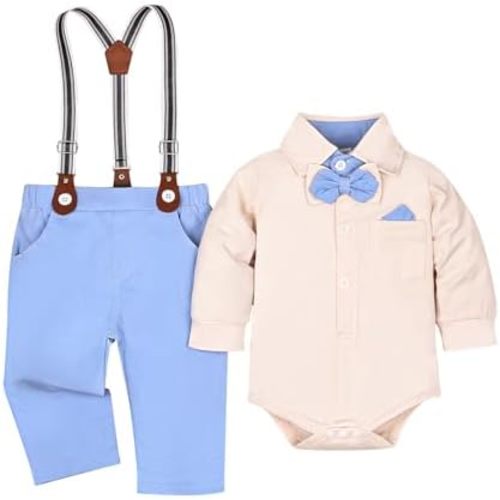 Baby Boy Clothes Gentleman Outfits Infant Bodysuit Long Sleeve Shirt with Bowtie Suspender Pants Suits Set 0-18M