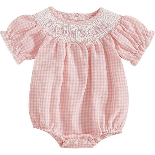 FIOMVA Toddler Baby Girl Clothes Summer Smocked Bubble Romper Embroidery Onesie Short Sleeve Bodysuit Cute Outfits