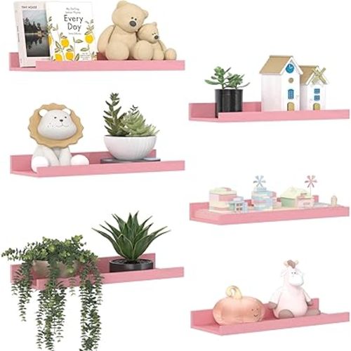 upsimples Pink Shelves for Wall, Pink Room Decor for Teen Girls, Bedroom, Living Room, Game Room, 6 Pack Wall Mounted Wood Shelves for Picture, Plants