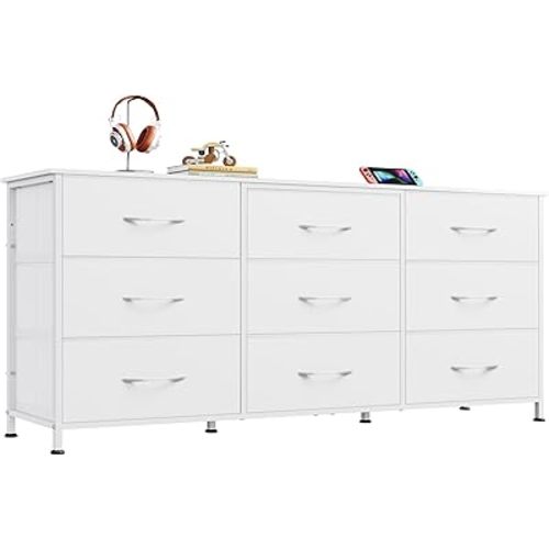 WLIVE 54''W Dresser for Bedroom, White Dresser TV Stand for 55, 60, 65 inch TV, Wide Chest of Drawers with 9 Drawer, Large Entertainment Center, Fabric Dressers with Wood Top for Closet, Living Room