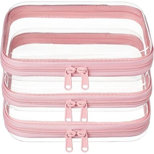 3-PCS Medium Clear Hard Shell Zipper Pouches, Clear Zipper Bags (3M, Pink)