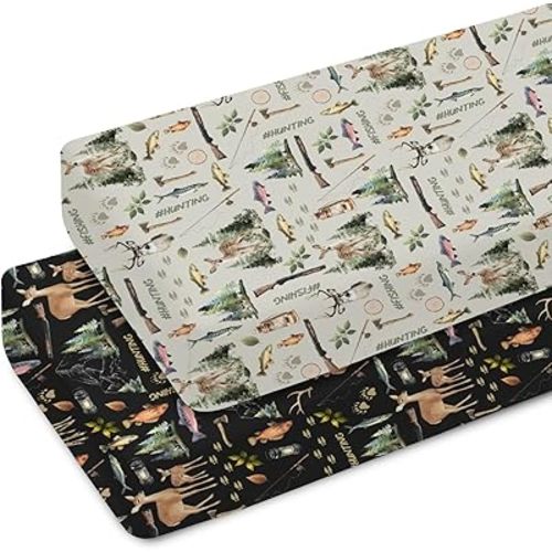 Vintage Fishing Hunting Life Baby Crib Sheets for Boy Girl 52x28 Bass Fish Deer Paws Green Forest Soft Snug Fitted Crib Mattress Cover Nature Baby Sheet for Standard Crib & Toddler Mattress 2 Pack