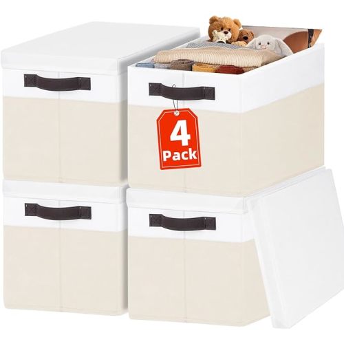 Large Nursery Closet Organizer Bins with Lids 4 Pack - 23 QT Decorative Storage Baskets for Living Room Bedroom Shelf - Stackable Storage Boxes with Lids Handles for Clothes Sweater Book Towel Purse