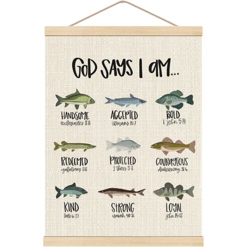 HKTZM Christian Bible Scripture God Says I am Fishing Wooden Poster Hangers 12.5x17 Inch,Home Kids Room Nursery Playroom Decor,Fishing Gifts for Kids Girls Boys,Christian Gifts for Women Teen Girls