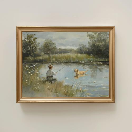 12x18 Yellow Lab Swim & Blond Little Boy Fishing Nursery Wall Art Dudley Yellow Labrador Retriever Childhood Dog Lake House Print Personalize Name