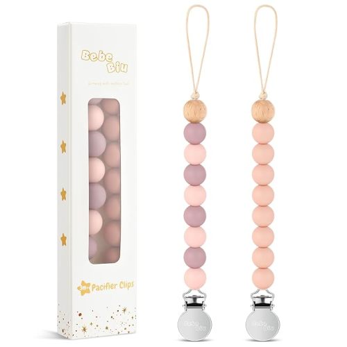 2 Pack Pacifier Clips, Silicone Pacifier Clip for Baby Boys and Girls, Baby Pacifier Strap with Silicone Beads, Soother Dummy Holder, Pacifier Holder, Keeps Pacifier Clean (Mauve/Muted)