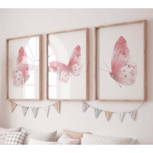 UNFFRAMED Luvia Pink Butterfly Nursery Wall Art Set of 3, Boho Nature Prints, Baby Girl Room Decor Set 3 Prints 8x12