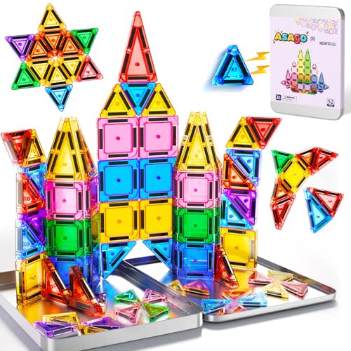 52PCS Mini Magnetic Tiles for Toddlers,Travel Magnatiles with Iron Case for Kids,Micro Magnatiles Building Toys Set for Age 3+ Birthday Gift Toys for Boys