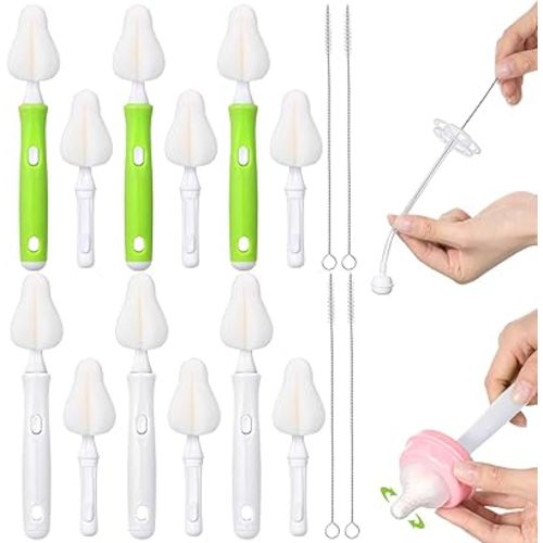 Willinglong 22 Pcs Sponge Bottle Nipple Brushes Set Including 12 Pcs Bottle Sponge Brush Heads 6 Interchangeable Nipple Brush Handles and 4 Long Straw Brushes for Baby Bottles (White and Green Handle)