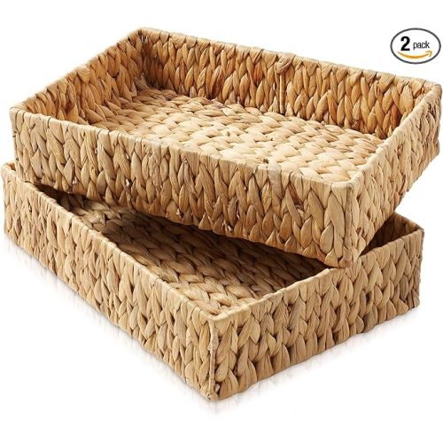 Casafield Set of 2 Bathroom Storage Baskets, Natural - Water Hyacinth, 15.75" W x 11.25" D x 3.25" H, Woven Toilet Tank Topper Bins for Organizing Tissues, Toilet Paper, Toiletries, Shelves