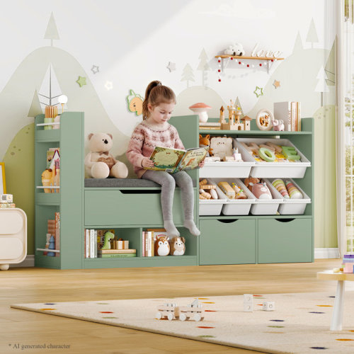 Trinx 63"W * 35.4"H Kids Bookshelf with Reading Nook, Toddler Bookcase with Rolling Drawers & Removable Bins, Padded Bench for Playroom Organization | Wayfair