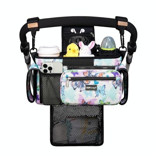 TOPDesign Universal Baby Stroller Organizer, Stroller Caddy with Detachable Mesh Bag & Heightened Insulated Cup Holders & Non-Slip Secure Hooks Accessories, Fits Most Strollers (Black)