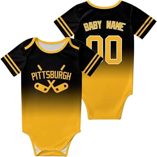 Custom Newborn Clothes,Baby Short Sleeve Ice Hockey Clothes,City Gradient?Bodysuit,Personalized Baby Name Number