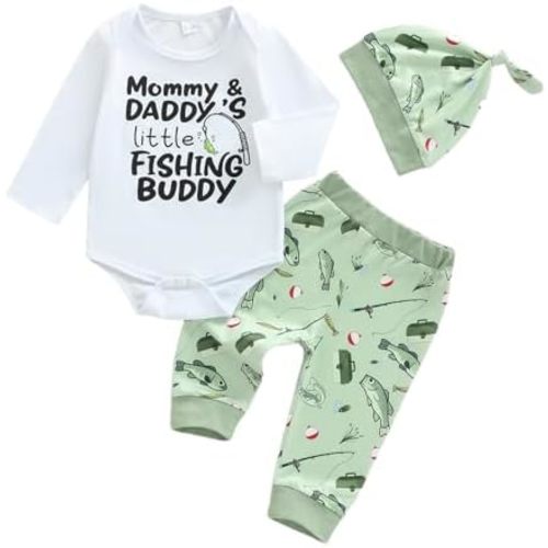 Karuedoo Newborn Baby Boy Fishing Outfit Letter Print Short Sleeve Romper Fish Print Pants with Hat 3 Piece Sets