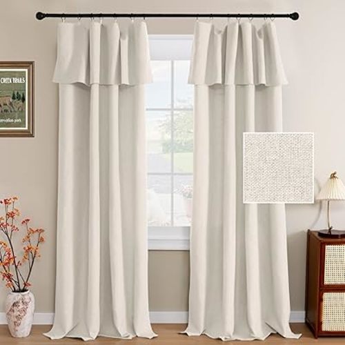 H.VERSAILTEX Linen Curtains with Valance 84 Inch Long 2 Panels Farmhouse Boho Privacy Window Curtains for Living Room Bedroom Ring/Rod Pocket Privacy Light Filtering Drapes, 52x 84 Inch, Heather Ivory