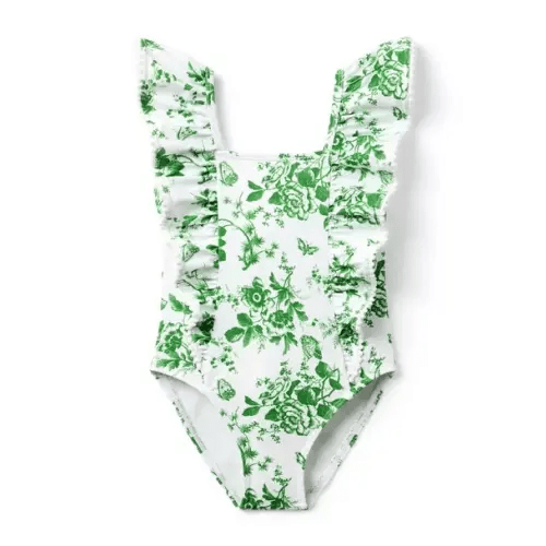 Girl Moss Green Floral Toile Recycled Floral Toile Ruffle Swimsuit by Janie and Jack