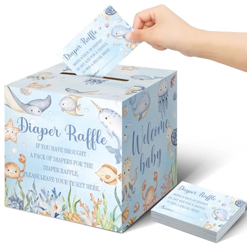 Teling 51 Pieces Diaper Raffle Tickets with Card Box Baby Shower Decorations Baby Shower Holder Box for Girl Boy Diaper Raffle Party(Ocean Animals)