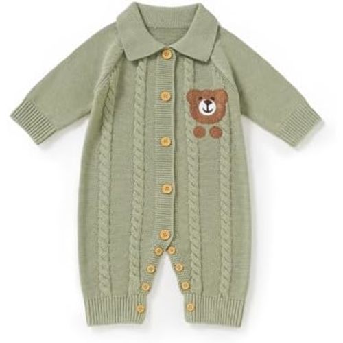 Avibae Knit Baby Sweater Romper, Cotton Thermal Clothes for Newborn Infant, Boys and Girls Onesie, Bear Pattern