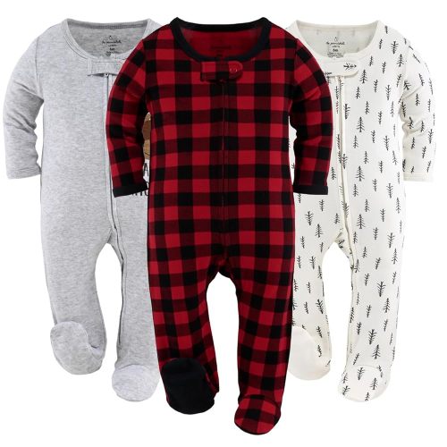 The Peanutshell Footed Baby Sleepers for Boys or Girls, Buffalo Plaid & Woodland, 3 Pack Set