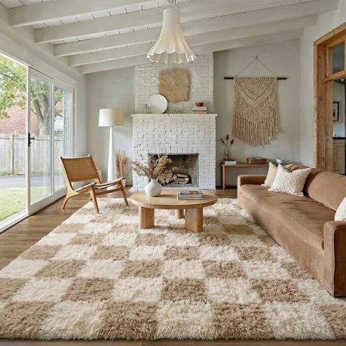 Beige 8x10 Area Rugs for Living Room Soft Shag Checkered Large Rug Modern Washable Indoor Office Fuzzy Carpet Non-Slip Fluffy Rugs for Bedroom Nursery Dorm Playroom Home Aesthetic Decor