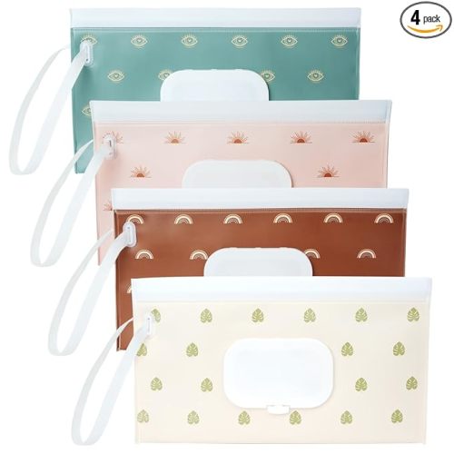 4 Pack Wipes Dispenser, ON The GO, Seposeve Portable Baby Wipe Case, Refillable Baby Wipes Container, Wipe Holder, Keeps Wipes Fresh, Reusable Wet Wipe Pouch for Outdoor Outing, Camping, Hiking.