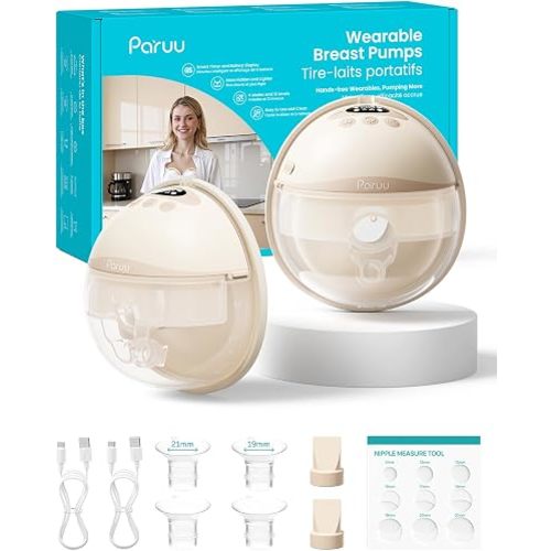 Paruu P16 Hands Free Wearable Breast Pump, Electric Portable, 4 Modes 12 Levels, 309mmHg Suction, 19/21/24mm Flange, 2 Pack, Nude