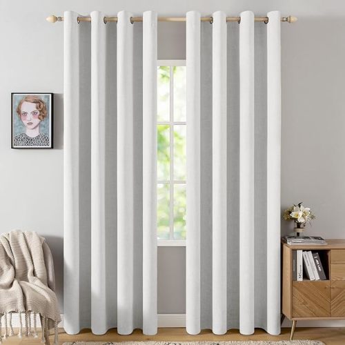 MIULEE 100% Blackout Linen Curtains for Bedroom 52x84 Inch Heathered White | Room Darkening, Light Blocking, Thermal Insulated, Grommet Top, Linen Textured, Window Curtains for Living Room, 2 Panels