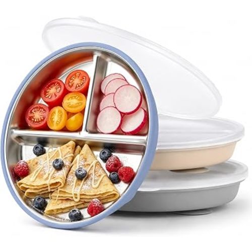 Bakpoco Stainless Steel Suction Kids Plates with Lids, DEEP 9" Divided Family Table Plate for 2Y-8Y+ Toddlers & Preschooler, Bigger Portions Transition, 3-Pack