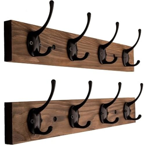 VERTORGAN Coat Hooks Wall Mounted, Wooden Hat Rack with 4 Hooks for Entryway, Bathroom,Bedroom(2 Pack,Brown)