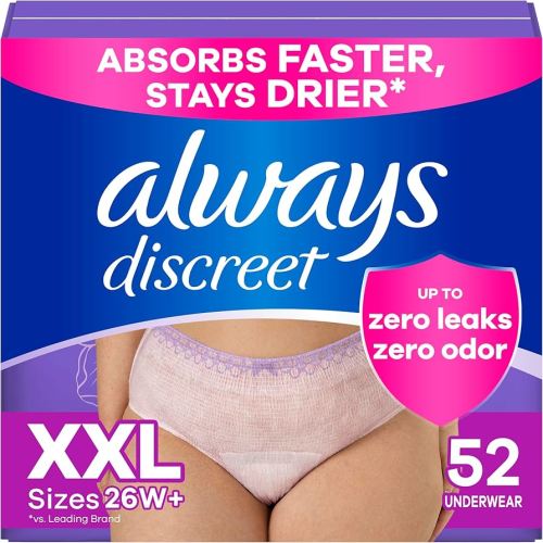 Always Discreet Adult Incontinence Underwear for Women and Postpartum Underwear, XXL, Up to 100% Bladder Leak Protection, 52 Count (4 Packs of 13)