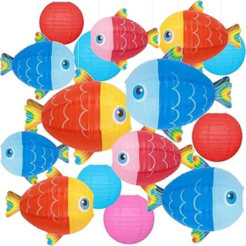 15Pcs Under the Ocean Sea Fish Party Decorations Paper Hanging Lanterns: Fishing Theme Decor for Beach, Summer, Mermaid, Luau, Hawaiian, Birthday Supplies