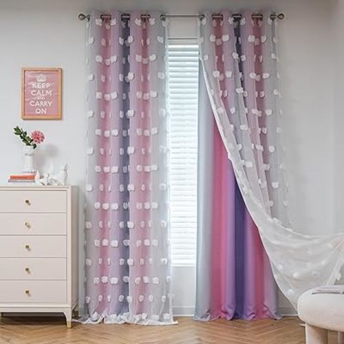 MYSKY HOME Pom Pom Curtains Blackout and Sheer Curtains for Girls Bedroom Ombre Nursery Curtains 84 Inch Long Room Darkening Princess Double Layer Curtains with Grommet Top Pink Purple 52 x 84 in