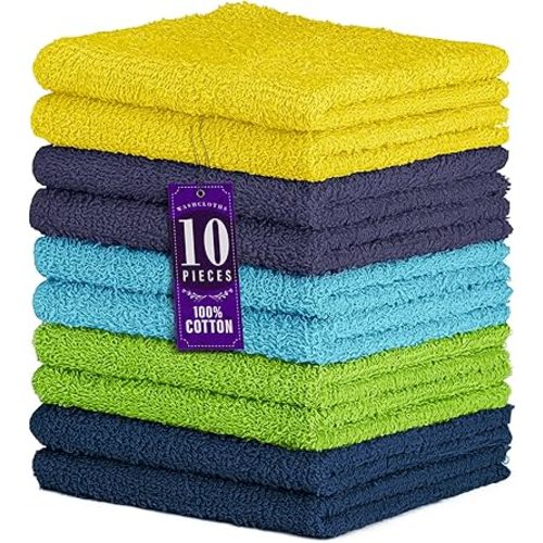 DecorRack 10 Pack 100% Cotton Wash Cloth, Luxurious Soft, 12 x 12 inch Ultra Absorbent, Machine Washable Washcloths, Assorted Set 3 (10 Pack)