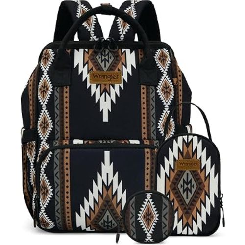 Montana West Wrangler Callie Diaper Bag Backpack with Pacifier Case, Crossbody Bottle Bag and Stroller Straps Western Pattern Multifunction Baby Travel Bag Set WG-BG-2215-9110-1-BK-WT