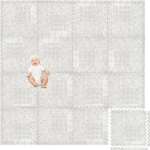 Play Platoon Non-Toxic Extra-Thick Children's Play Mat, 16 Tile - 96 x 96 inch Comfortable Cushiony Foam Floor Puzzle Mat for Kids & Toddlers with 24 x 24 inch 5/8 in Thick Tiles - Khaki, Boho Modern