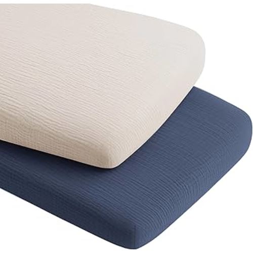 Konssy 2 Pack Muslin Bassinet Sheets for Boys, Girls, 100% Cotton Soft Breathable Fitted Bassinet Mattress Sheet, 33 x 21 inches (Navy,Cream)