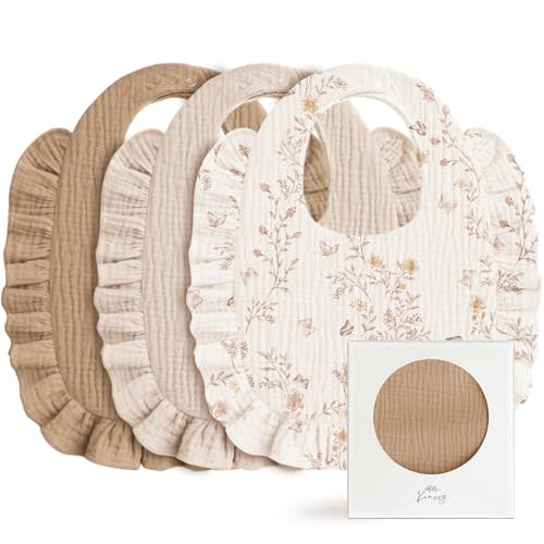 Konssy Muslin Baby Bibs for Girls – Soft 100% Cotton Drool Bibs, Ruffle Trim for Newborns & Toddlers 0-36 Months 3-Pack