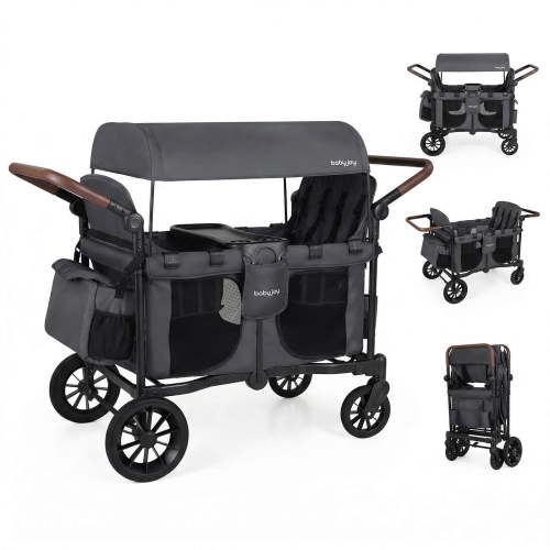 Costway Wagon Stroller, Foldable 4-Seater Push-Pull Toddler Stroller with Removable Canopy Gray
