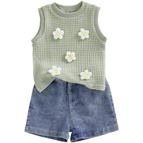 YINGISFITM Toddler Girl Clothes Baby Summer Waffle Knit Tank Top Sleeveless Shirt Jeans Shorts Floral Outfit Girls Clothing