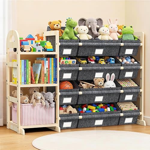 HONGDDY Toy Storage Organizer with 3 Shelves and 12 Bins, Bookshelf/Bookcase, Kids Bin Shelf, Toys Box for Playroom Organization for Bedroom & Room